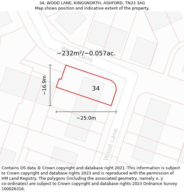 34, WOOD LANE, KINGSNORTH, ASHFORD, TN23 3AG: Plot and title map