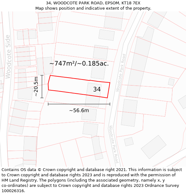 34, WOODCOTE PARK ROAD, EPSOM, KT18 7EX: Plot and title map