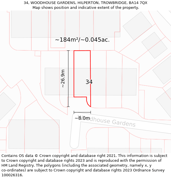 34, WOODHOUSE GARDENS, HILPERTON, TROWBRIDGE, BA14 7QX: Plot and title map