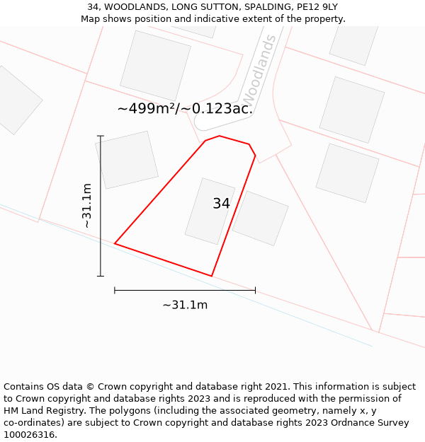 34, WOODLANDS, LONG SUTTON, SPALDING, PE12 9LY: Plot and title map