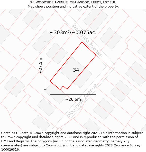 34, WOODSIDE AVENUE, MEANWOOD, LEEDS, LS7 2UL: Plot and title map