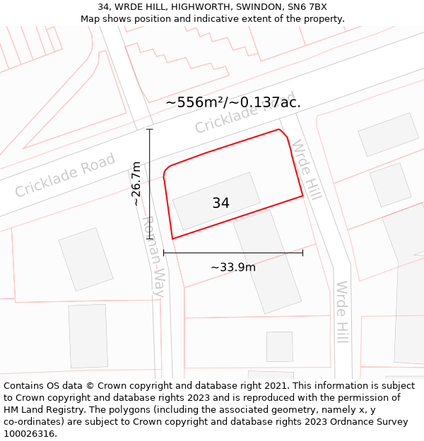 34, WRDE HILL, HIGHWORTH, SWINDON, SN6 7BX: Plot and title map