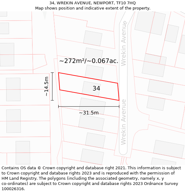 34, WREKIN AVENUE, NEWPORT, TF10 7HQ: Plot and title map