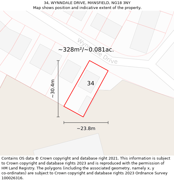 34, WYNNDALE DRIVE, MANSFIELD, NG18 3NY: Plot and title map