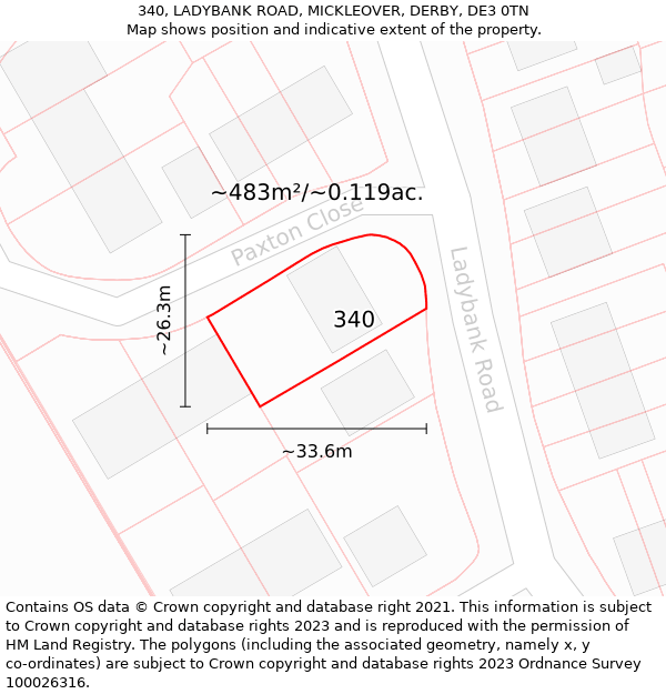 340, LADYBANK ROAD, MICKLEOVER, DERBY, DE3 0TN: Plot and title map