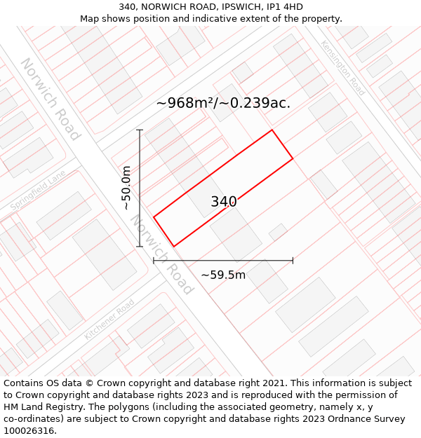 340, NORWICH ROAD, IPSWICH, IP1 4HD: Plot and title map