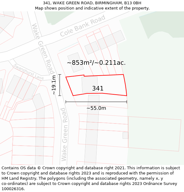 341, WAKE GREEN ROAD, BIRMINGHAM, B13 0BH: Plot and title map