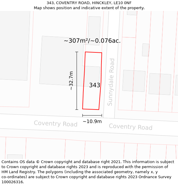 343, COVENTRY ROAD, HINCKLEY, LE10 0NF: Plot and title map