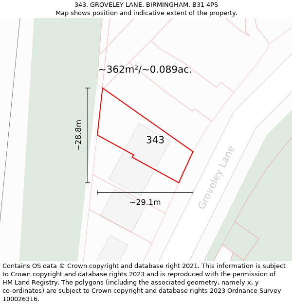 343, GROVELEY LANE, BIRMINGHAM, B31 4PS: Plot and title map