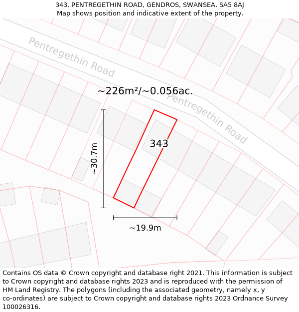 343, PENTREGETHIN ROAD, GENDROS, SWANSEA, SA5 8AJ: Plot and title map