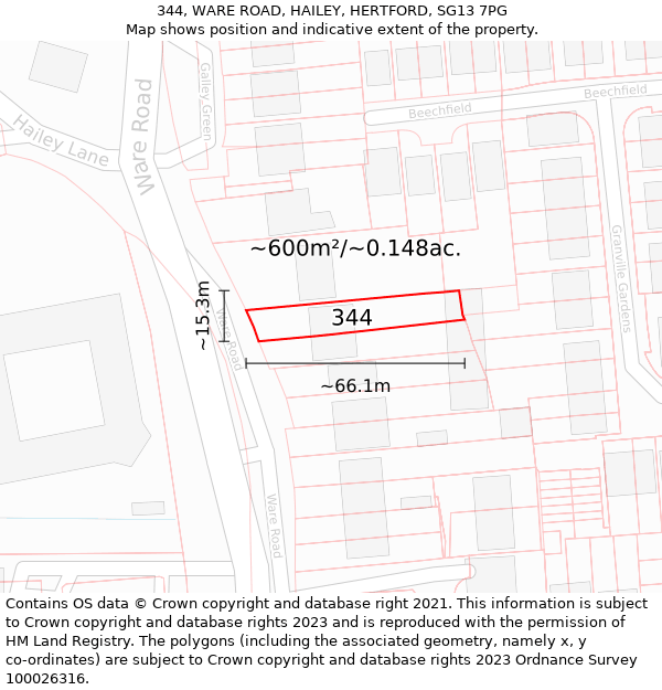 344, WARE ROAD, HAILEY, HERTFORD, SG13 7PG: Plot and title map