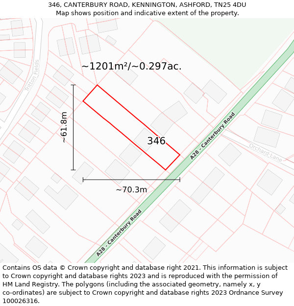 346, CANTERBURY ROAD, KENNINGTON, ASHFORD, TN25 4DU: Plot and title map