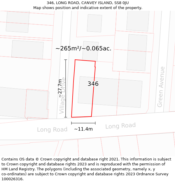 346, LONG ROAD, CANVEY ISLAND, SS8 0JU: Plot and title map