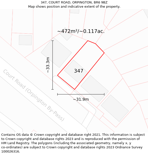 347, COURT ROAD, ORPINGTON, BR6 9BZ: Plot and title map