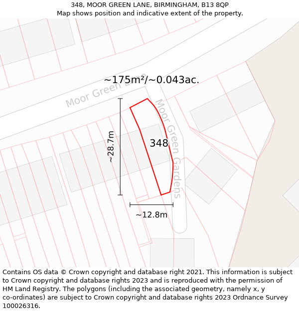 348, MOOR GREEN LANE, BIRMINGHAM, B13 8QP: Plot and title map