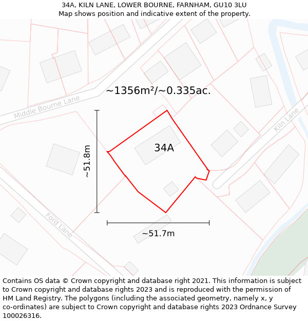 34A, KILN LANE, LOWER BOURNE, FARNHAM, GU10 3LU: Plot and title map