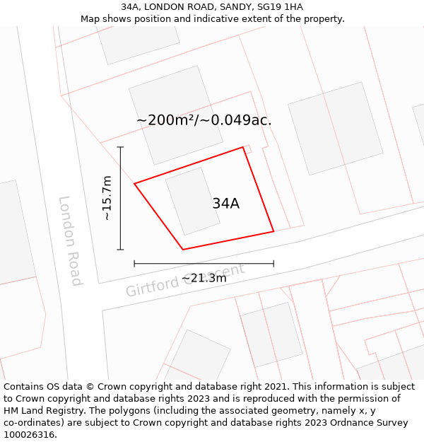34A, LONDON ROAD, SANDY, SG19 1HA: Plot and title map