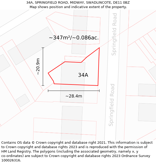 34A, SPRINGFIELD ROAD, MIDWAY, SWADLINCOTE, DE11 0BZ: Plot and title map