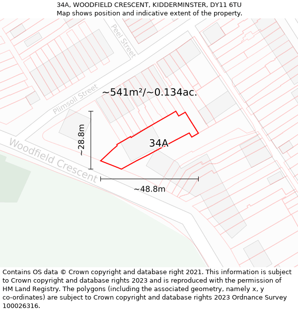 34A, WOODFIELD CRESCENT, KIDDERMINSTER, DY11 6TU: Plot and title map