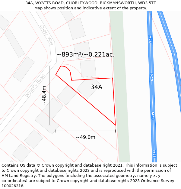 34A, WYATTS ROAD, CHORLEYWOOD, RICKMANSWORTH, WD3 5TE: Plot and title map