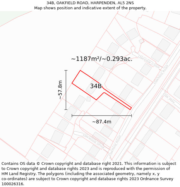 34B, OAKFIELD ROAD, HARPENDEN, AL5 2NS: Plot and title map