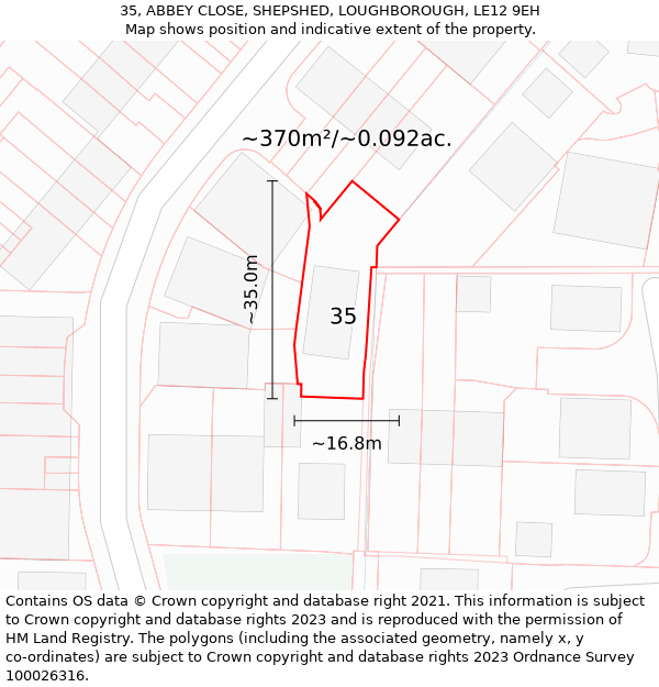 35, ABBEY CLOSE, SHEPSHED, LOUGHBOROUGH, LE12 9EH: Plot and title map