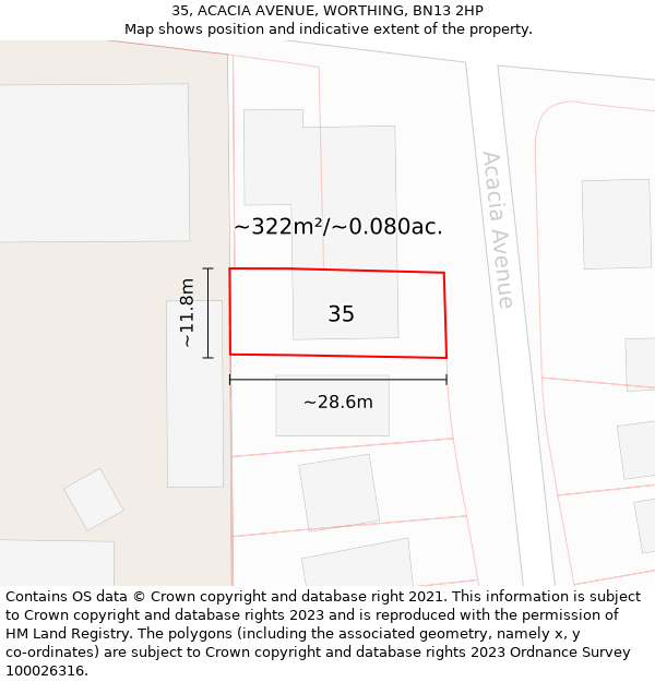35, ACACIA AVENUE, WORTHING, BN13 2HP: Plot and title map