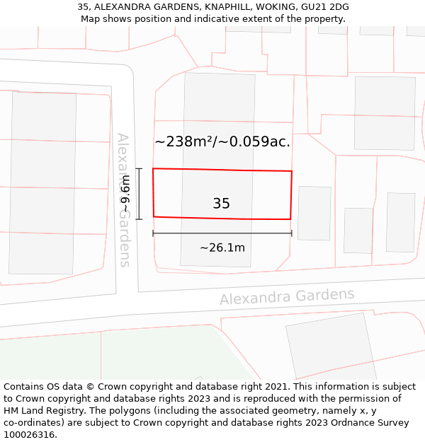 35, ALEXANDRA GARDENS, KNAPHILL, WOKING, GU21 2DG: Plot and title map