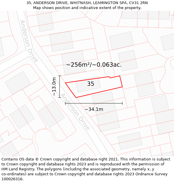 35, ANDERSON DRIVE, WHITNASH, LEAMINGTON SPA, CV31 2RN: Plot and title map