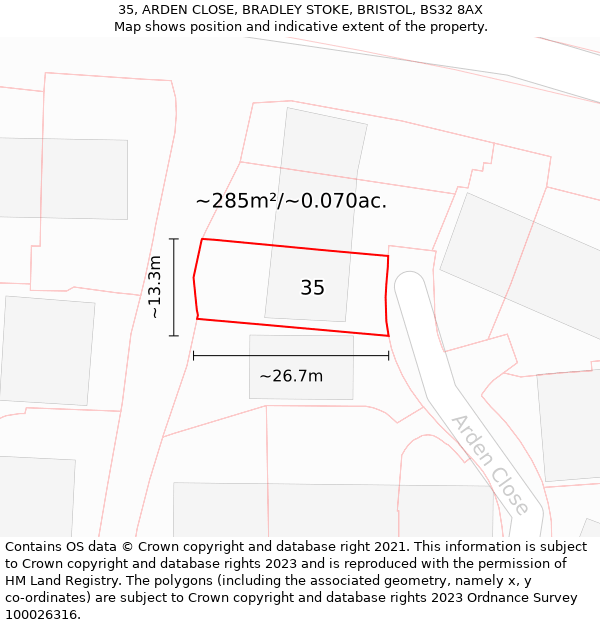 35, ARDEN CLOSE, BRADLEY STOKE, BRISTOL, BS32 8AX: Plot and title map