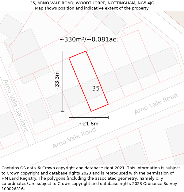 35, ARNO VALE ROAD, WOODTHORPE, NOTTINGHAM, NG5 4JG: Plot and title map