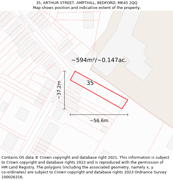 35, ARTHUR STREET, AMPTHILL, BEDFORD, MK45 2QQ: Plot and title map