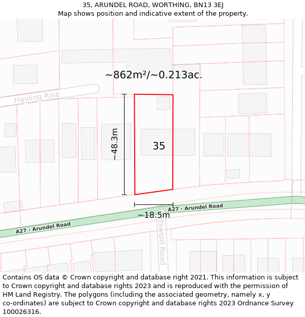 35, ARUNDEL ROAD, WORTHING, BN13 3EJ: Plot and title map