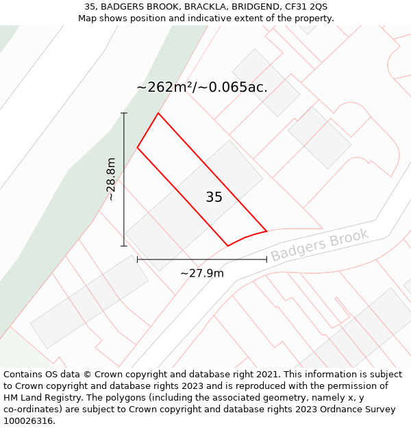 35, BADGERS BROOK, BRACKLA, BRIDGEND, CF31 2QS: Plot and title map