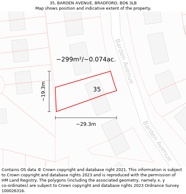 35, BARDEN AVENUE, BRADFORD, BD6 3LB: Plot and title map