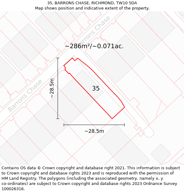 35, BARRONS CHASE, RICHMOND, TW10 5DA: Plot and title map