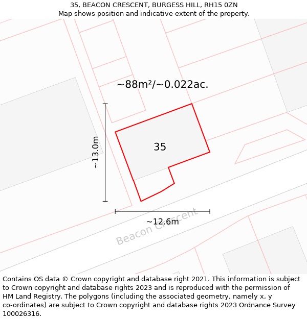 35, BEACON CRESCENT, BURGESS HILL, RH15 0ZN: Plot and title map