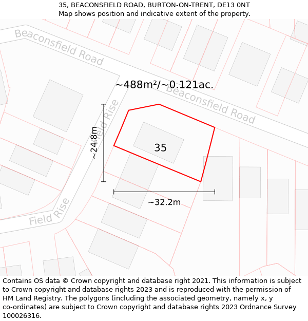 35, BEACONSFIELD ROAD, BURTON-ON-TRENT, DE13 0NT: Plot and title map