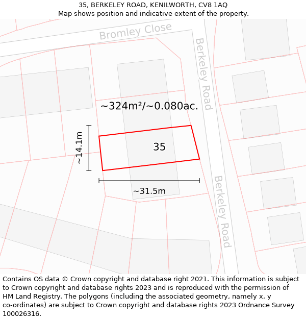 35, BERKELEY ROAD, KENILWORTH, CV8 1AQ: Plot and title map