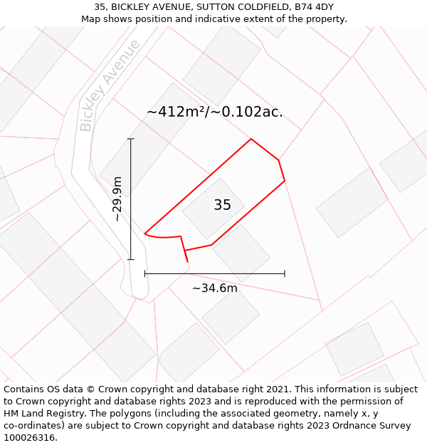 35, BICKLEY AVENUE, SUTTON COLDFIELD, B74 4DY: Plot and title map