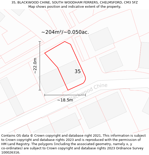 35, BLACKWOOD CHINE, SOUTH WOODHAM FERRERS, CHELMSFORD, CM3 5FZ: Plot and title map