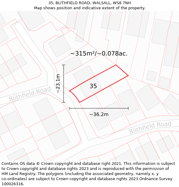 35, BLITHFIELD ROAD, WALSALL, WS8 7NH: Plot and title map