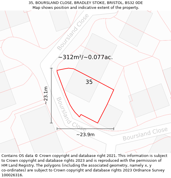 35, BOURSLAND CLOSE, BRADLEY STOKE, BRISTOL, BS32 0DE: Plot and title map