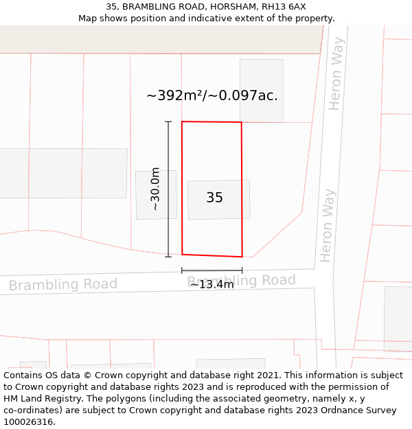 35, BRAMBLING ROAD, HORSHAM, RH13 6AX: Plot and title map