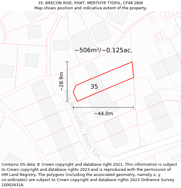 35, BRECON RISE, PANT, MERTHYR TYDFIL, CF48 2BW: Plot and title map