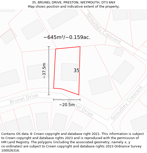 35, BRUNEL DRIVE, PRESTON, WEYMOUTH, DT3 6NX: Plot and title map