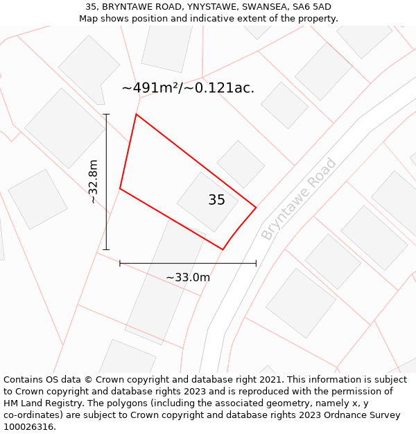 35, BRYNTAWE ROAD, YNYSTAWE, SWANSEA, SA6 5AD: Plot and title map