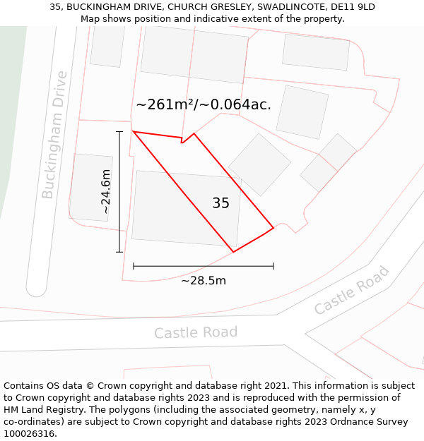 35, BUCKINGHAM DRIVE, CHURCH GRESLEY, SWADLINCOTE, DE11 9LD: Plot and title map