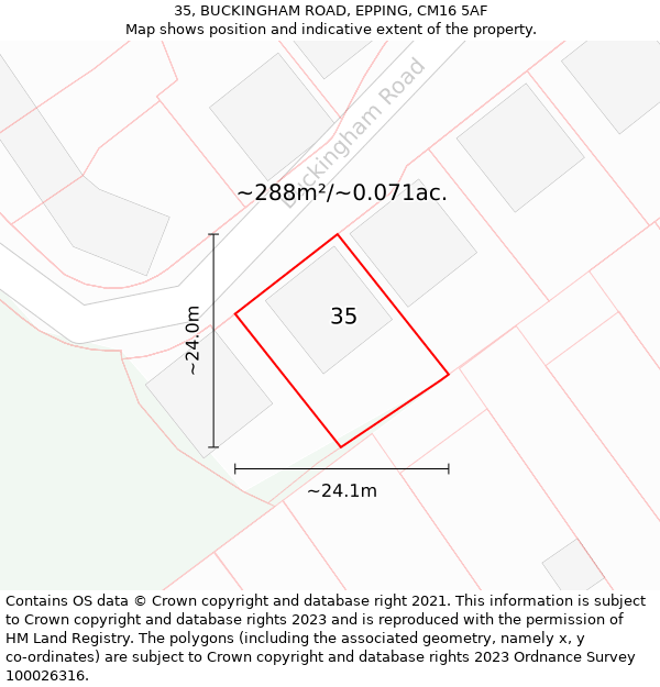 35, BUCKINGHAM ROAD, EPPING, CM16 5AF: Plot and title map