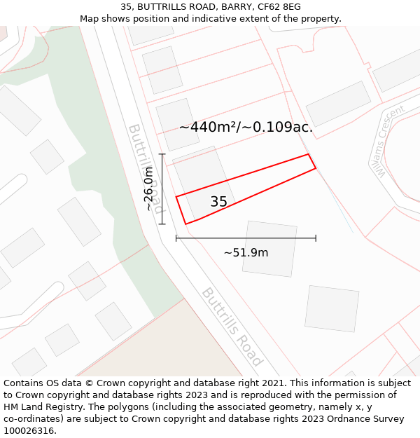 35, BUTTRILLS ROAD, BARRY, CF62 8EG: Plot and title map